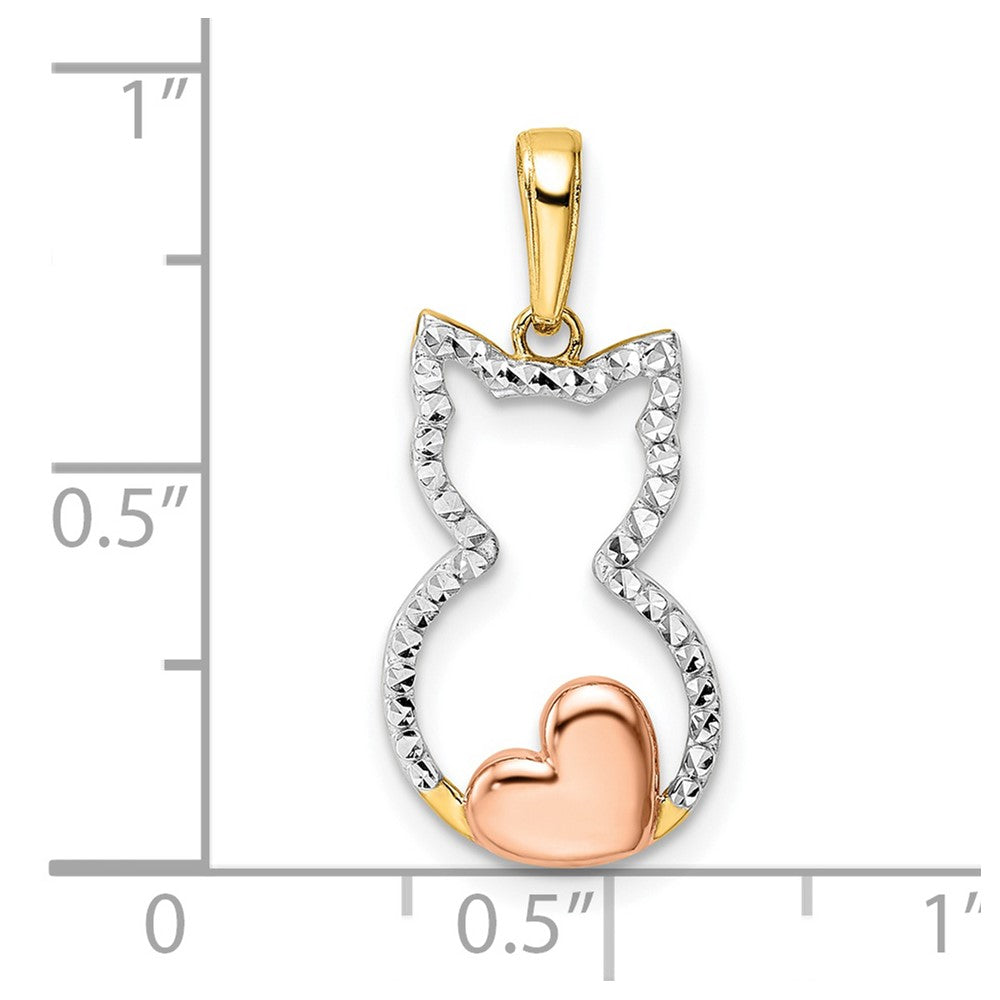 14k w/White and Rose Rhodium Diamond-cut Cat w/ Heart Pendant