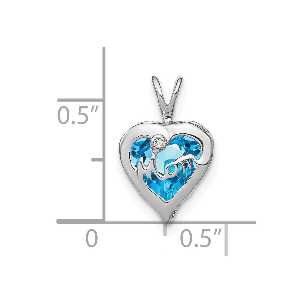 14k White Gold Blue Topaz and Diamond MOM Heart Pendant