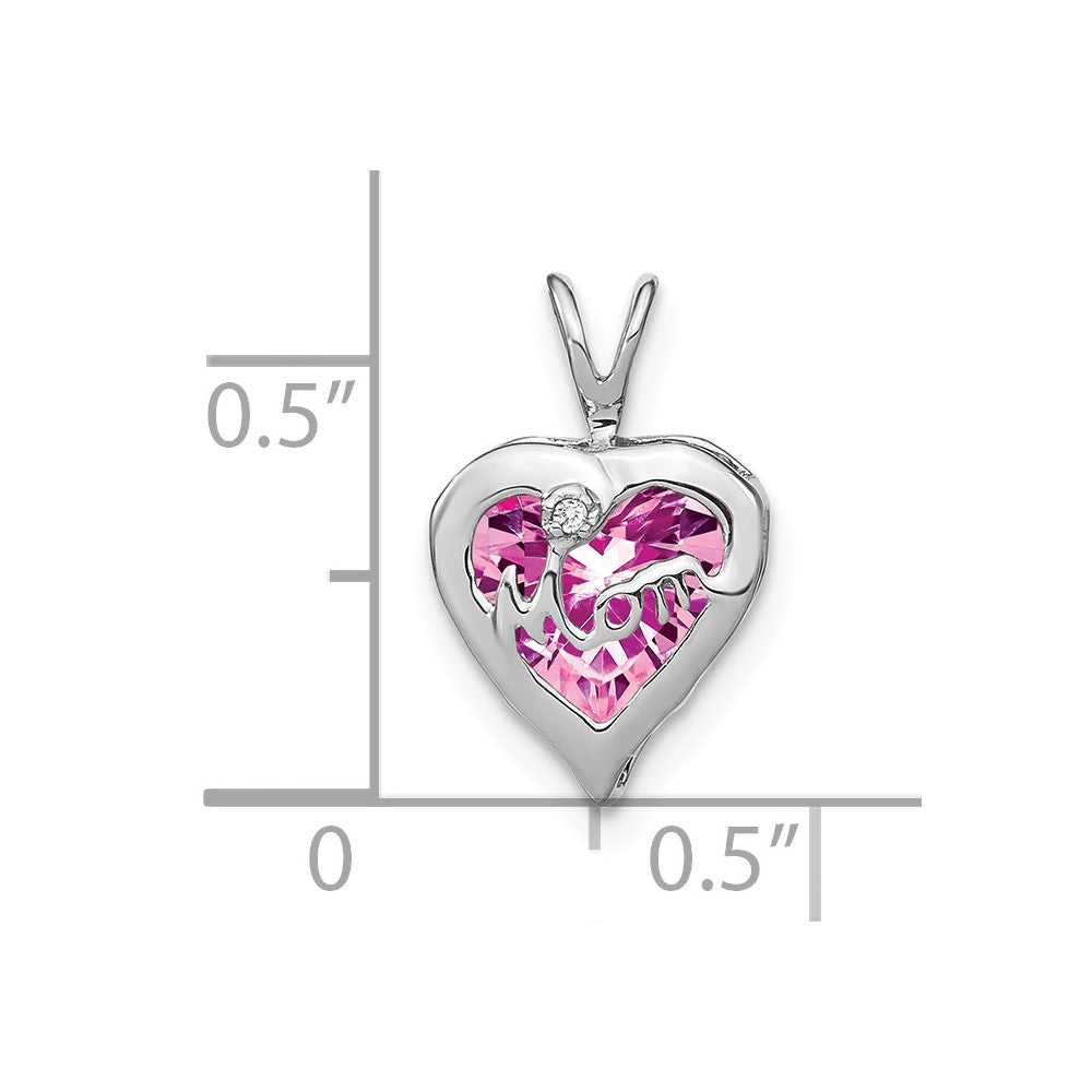 14k White Gold Creat. Pink Sapphire/Diamond MOM Heart Pendant
