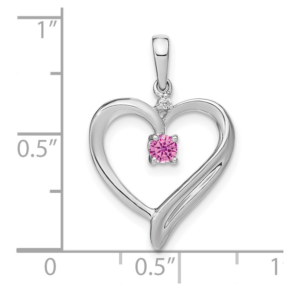 14k White Gold Created Pink Sapphire and Diamond Heart Pendant
