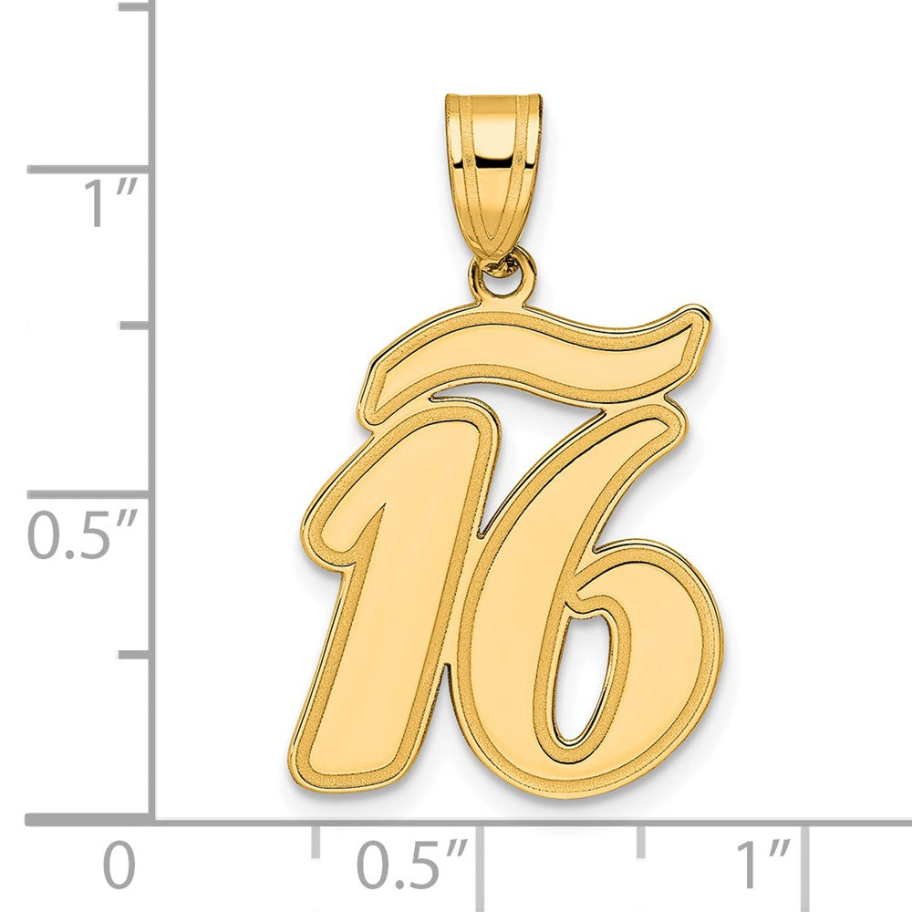 14k Brushed Border Script Number 16 Pendant