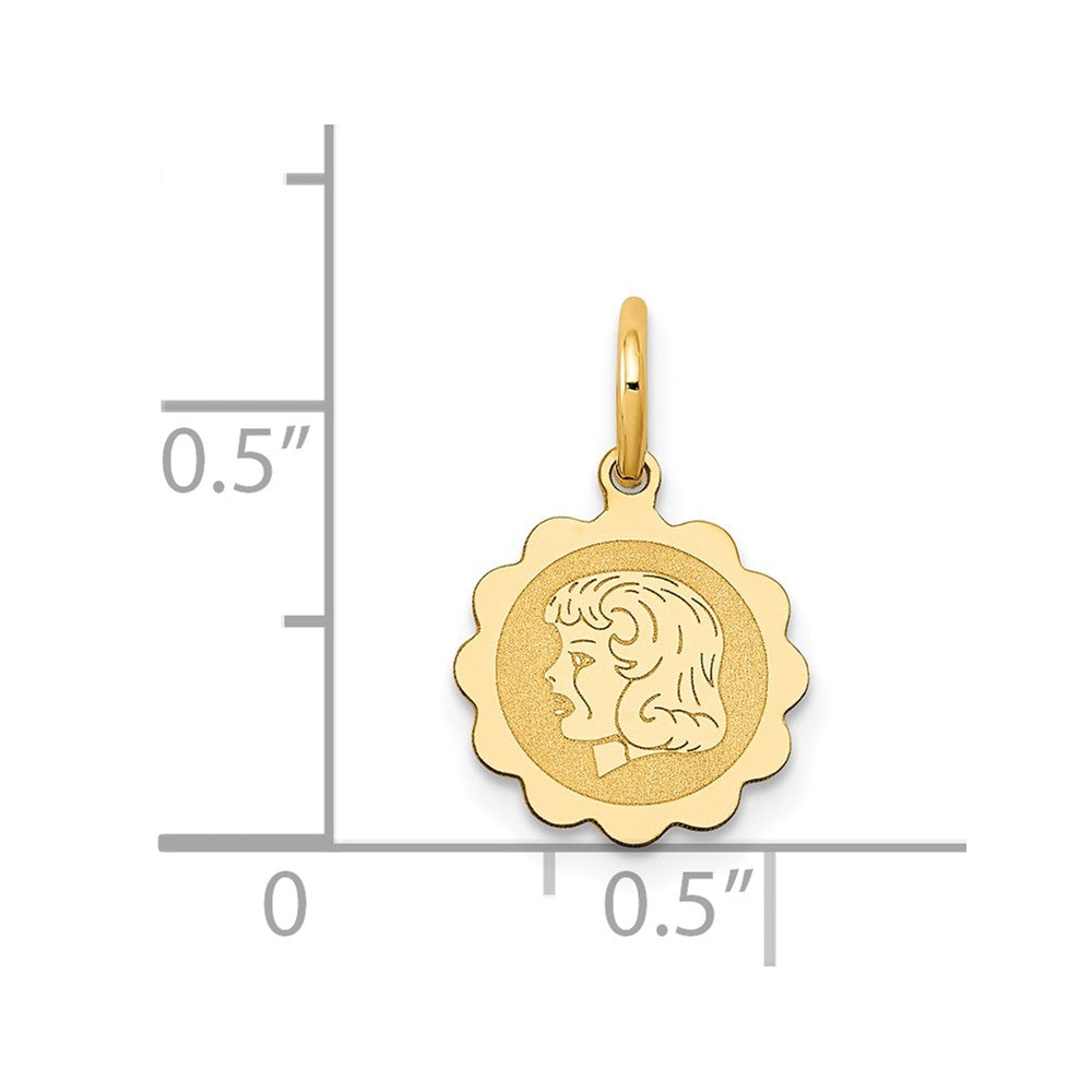 14k Girl Head on .009 Gauge Engravable Scalloped Disc Charm