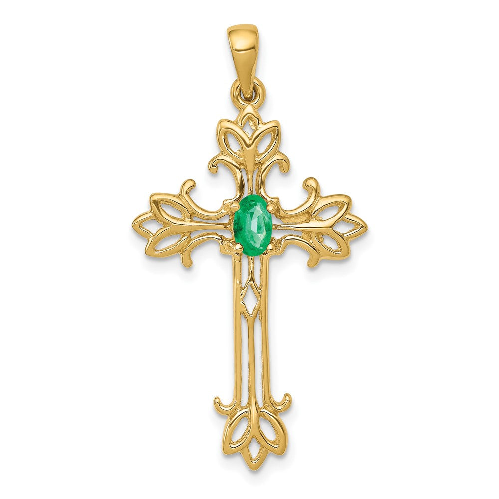 14k 5x3mm Oval Emerald cross pendant