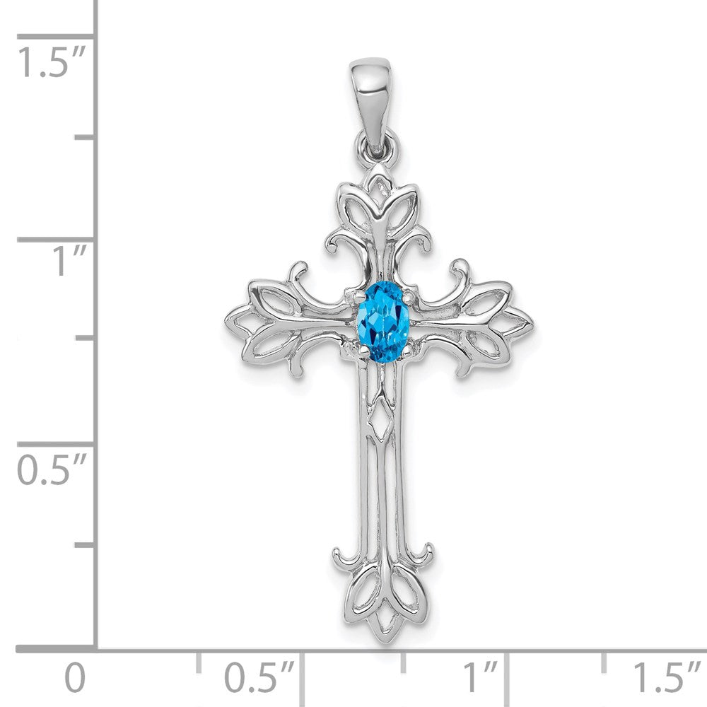 14k White Gold 5x3mm Oval Blue Topaz cross pendant