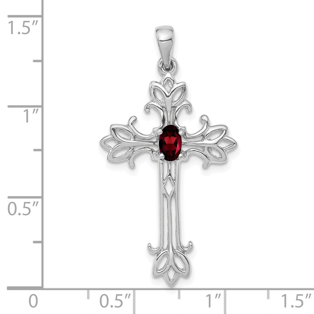 14k White Gold 5x3mm Oval Garnet cross pendant