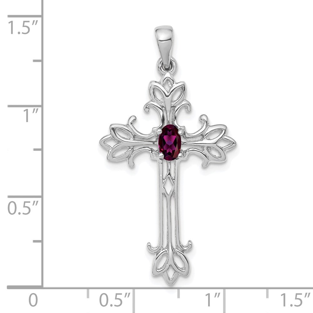 14k White Gold 5x3mm Oval Rhodolite Garnet cross pendant