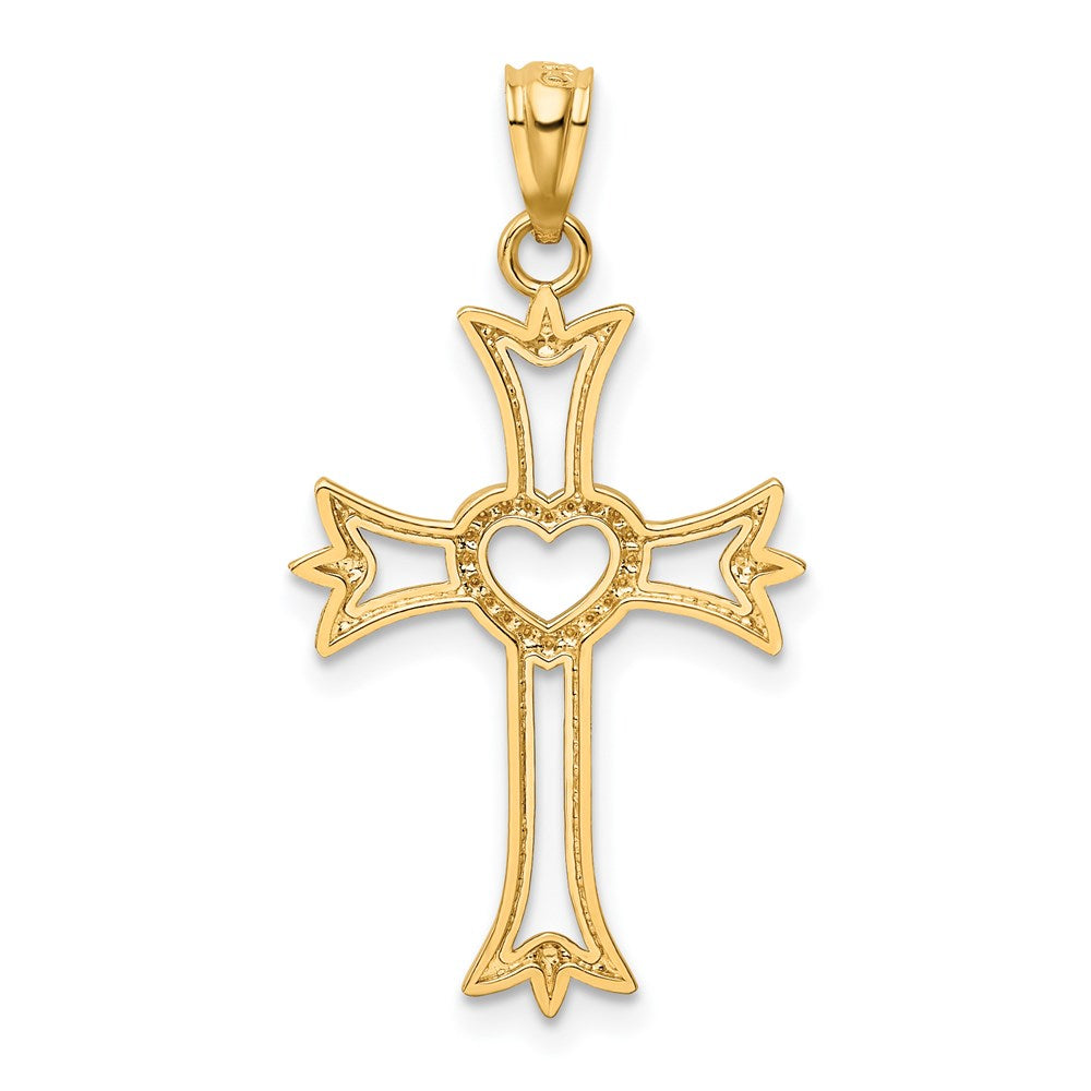 14K w/Rhodium Diamond Cut Cross With Heart Pendant