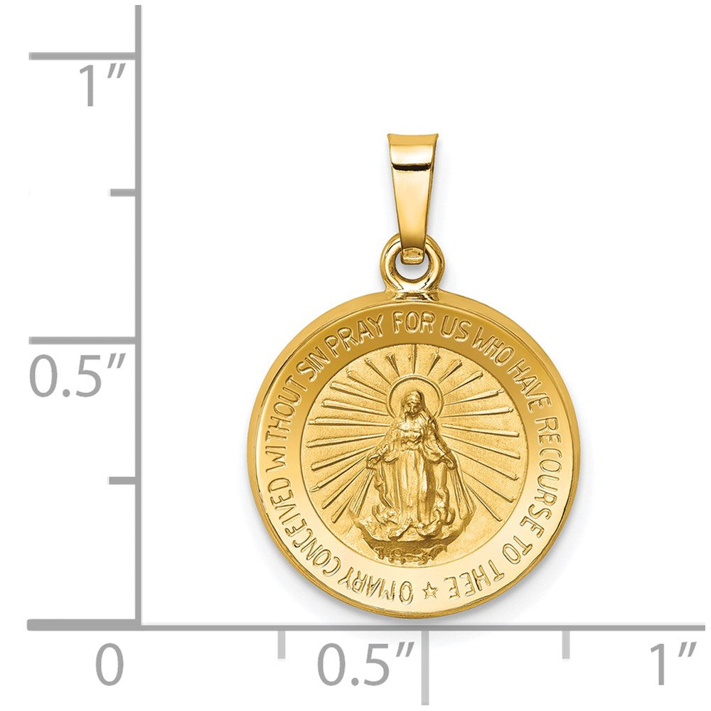 14k Polished and Satin Miraculous Medal Hollow Pendant