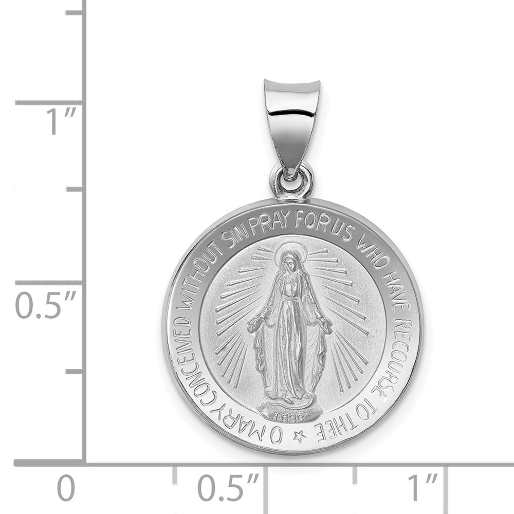 14k White Gold Polished /Satin Miraculous Medal Hollow Pendant