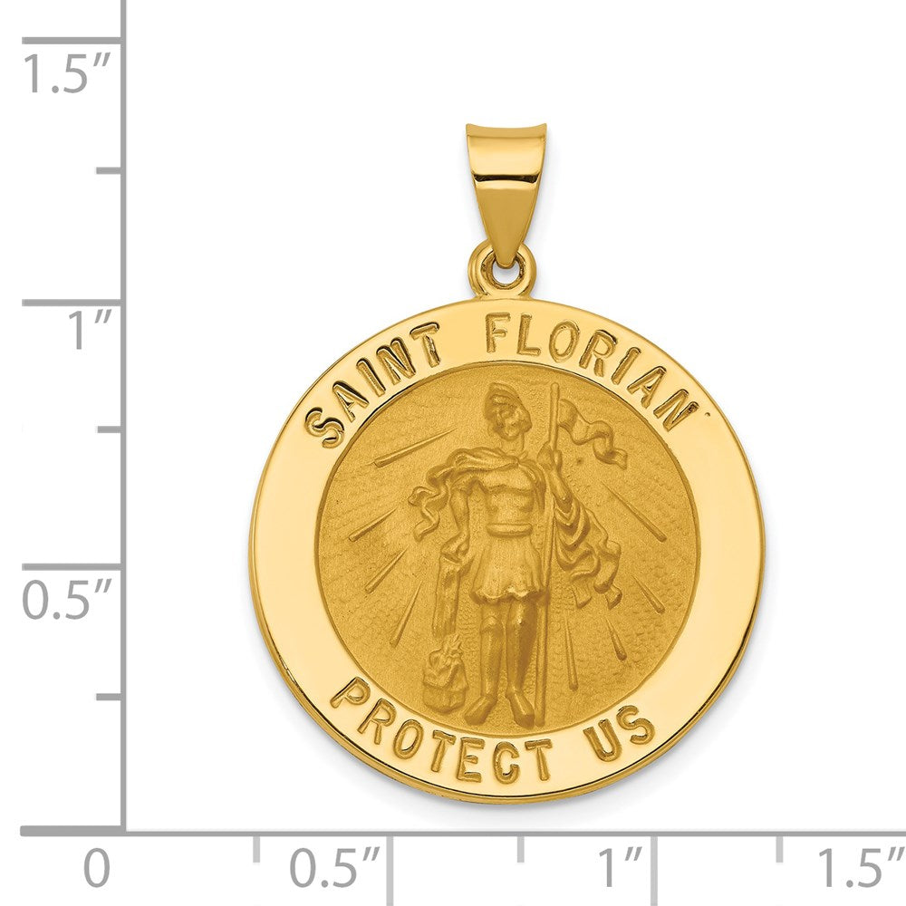 14k Polished and Satin St Florian Medal Hollow Pendant