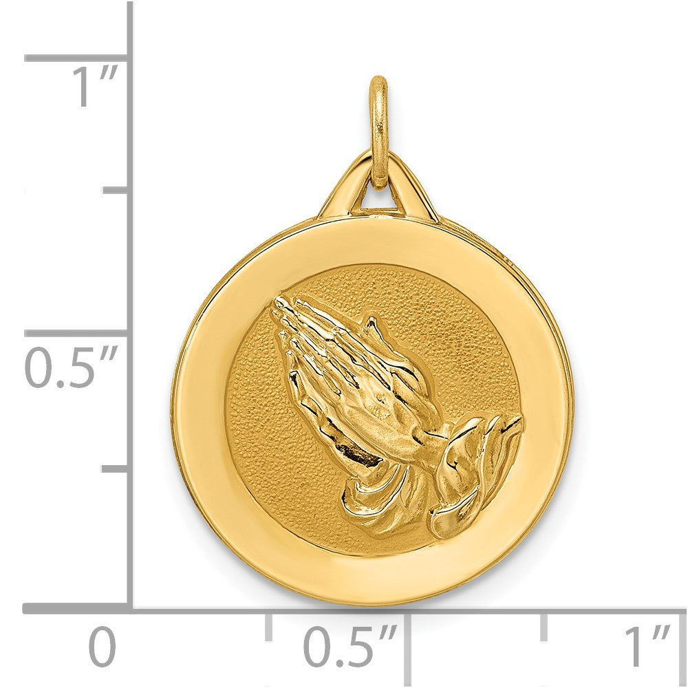 14k Polished and Satin Solid Praying Hands Disc Pendant