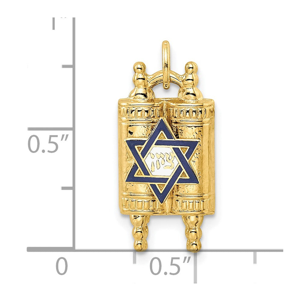 14k Polished Solid Torah and Enameled Star of David Pendant