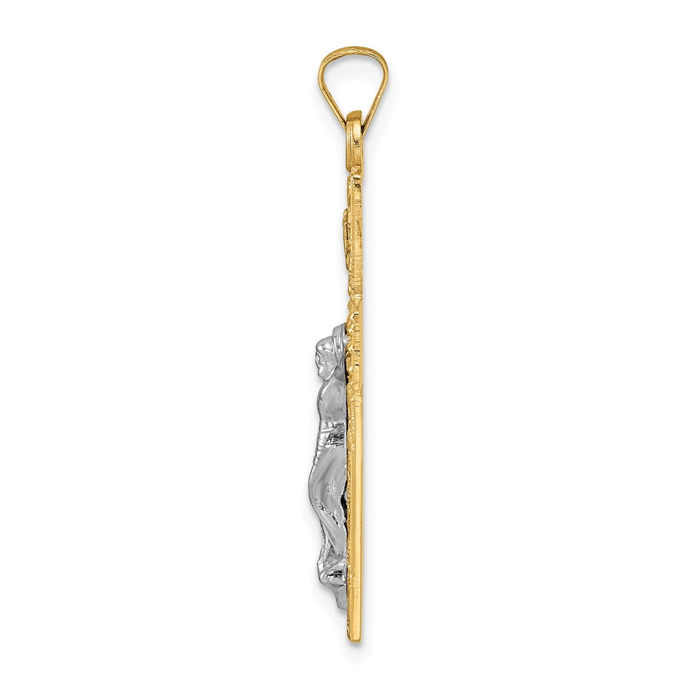 14k Two-tone Polished Wood Texture Solid INRI Crucifix Pendant