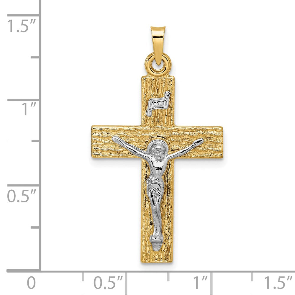 14k Two-tone Polished Wood Texture Solid INRI Crucifix Pendant