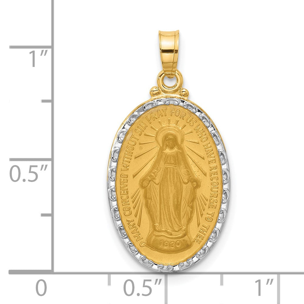 14K with Rhodium Satin and Polished Miraculous Medal Solid Oval Pendant