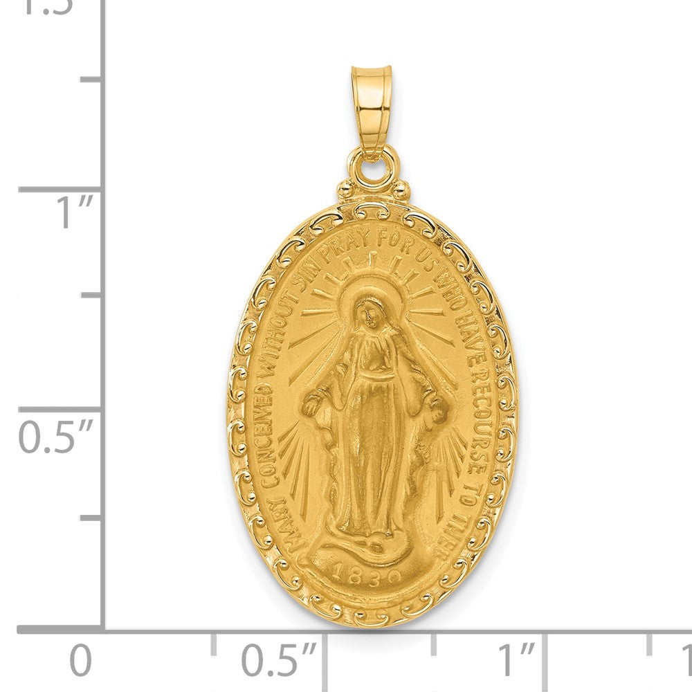 14k Satin and Polished Miraculous Medal Solid Oval Pendant
