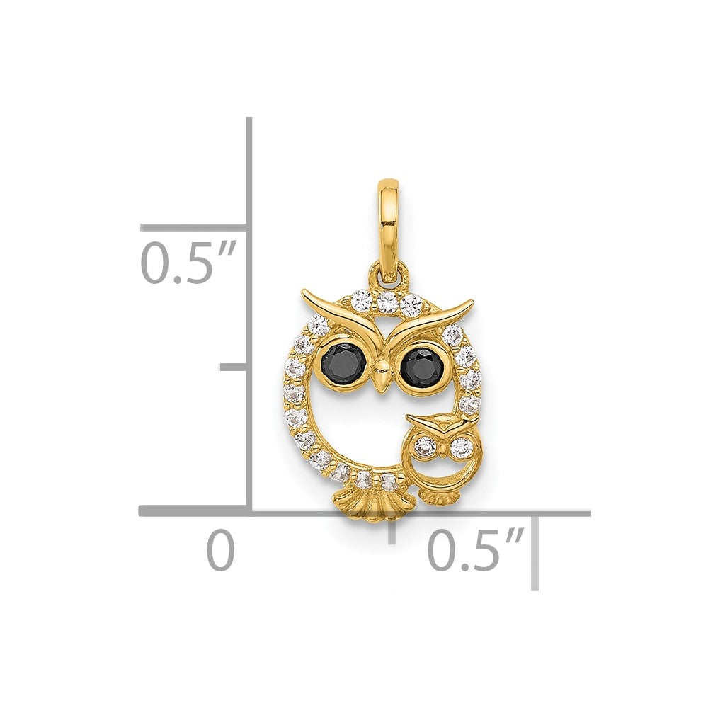 14K Polished Black and White CZ Mommy and Baby Owl Pendant