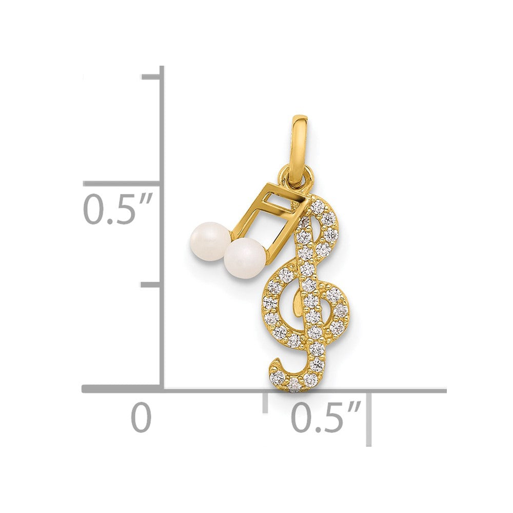 14K Polished CZ and Freshwater Cultured Pearl Music Notes Pendant