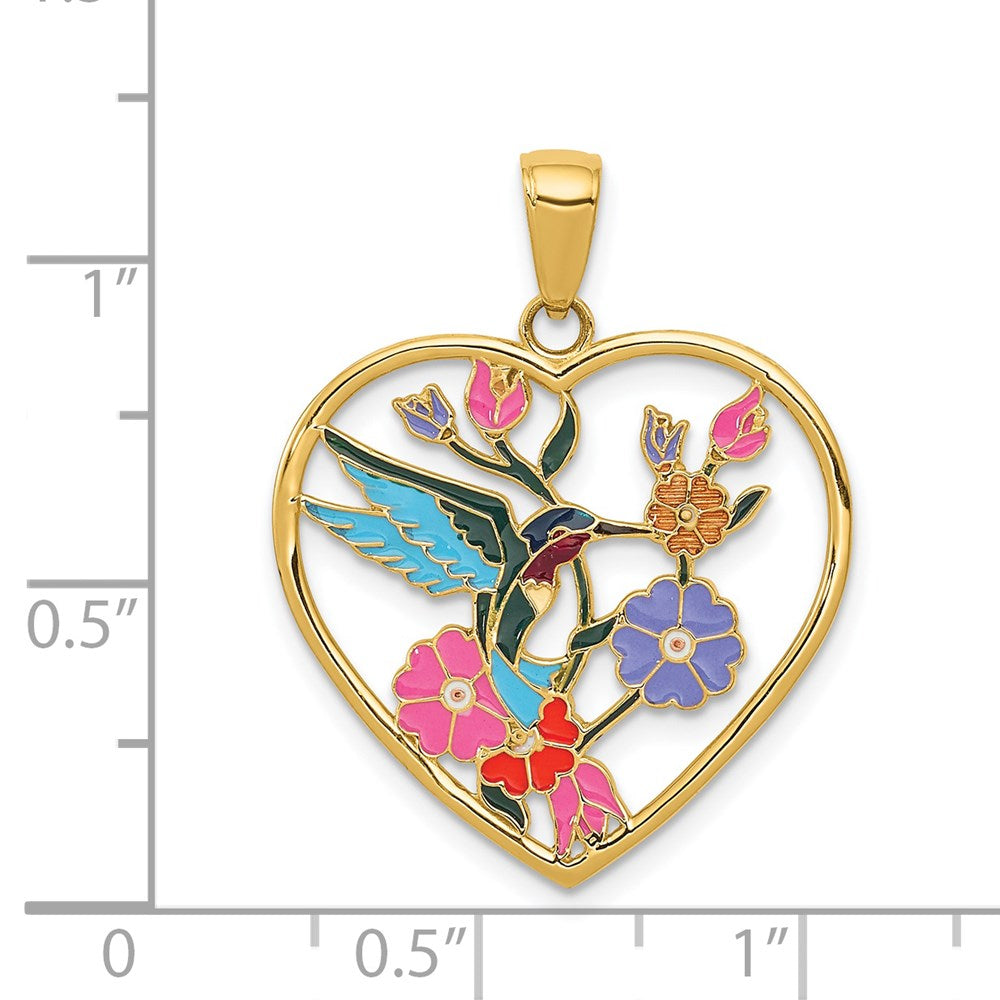 14k Enameled Hummingbird w/Flowers Heart Pendant