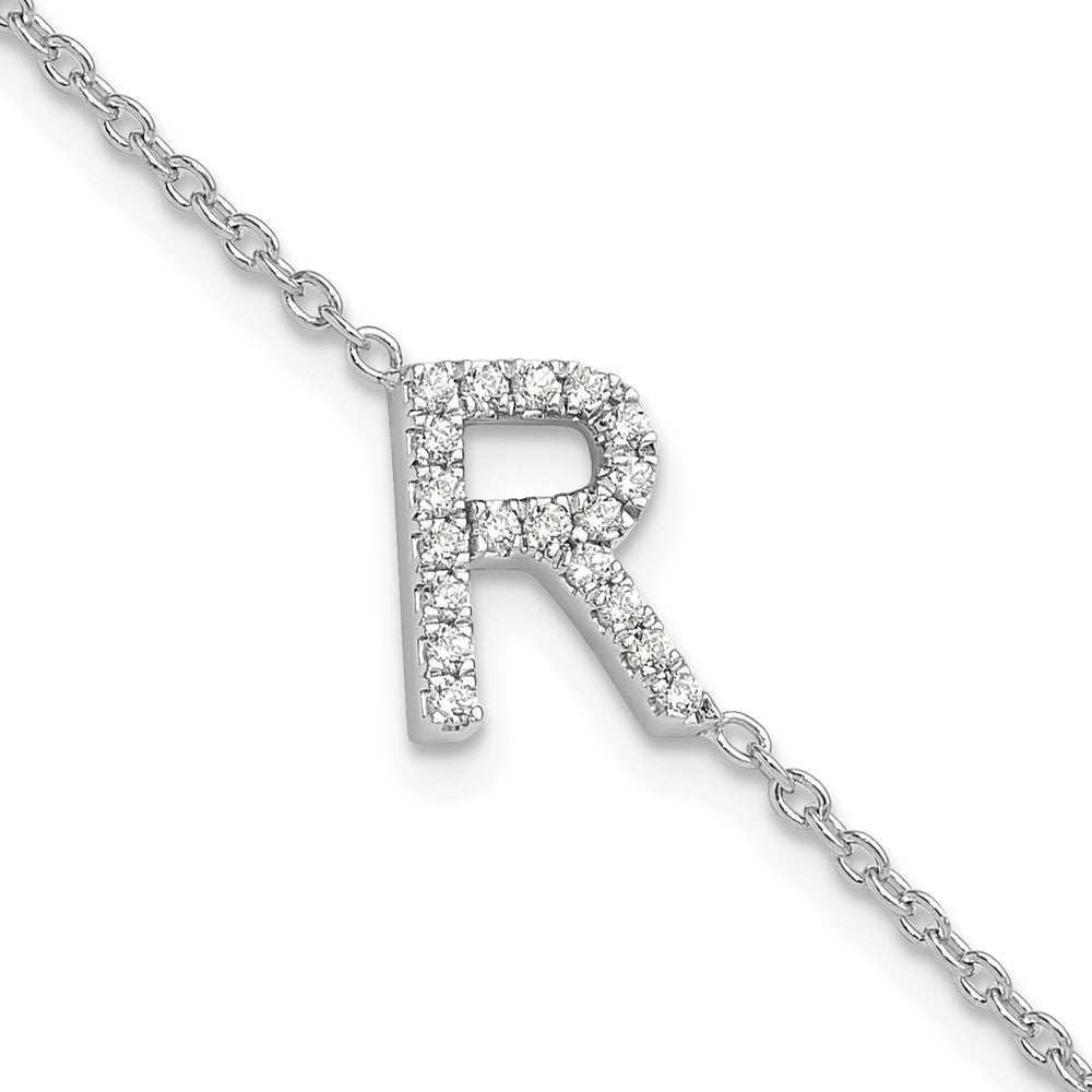 14KW Diamond Sideways Letter R w/ 1in ext. Bracelet