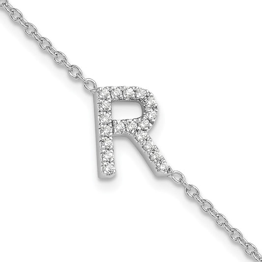 14KW Diamond Sideways Letter R w/ 1in ext. Bracelet