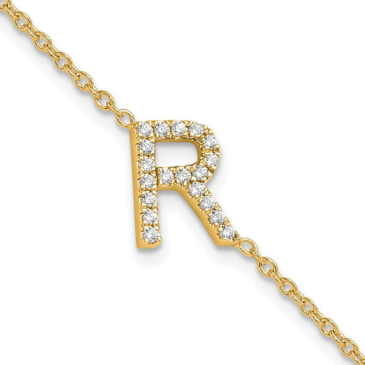 14K Diamond Sideways Letter R w/ 1in ext. Bracelet