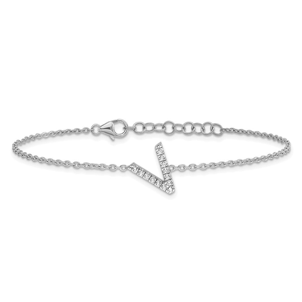 14KW Diamond Sideways Letter V w/ 1in ext. Bracelet