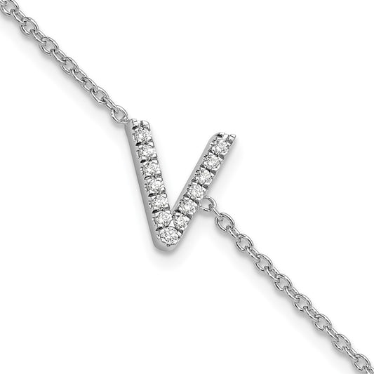 14KW Diamond Sideways Letter V w/ 1in ext. Bracelet