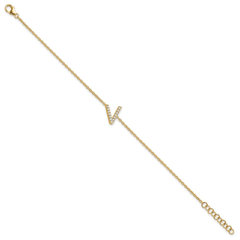14K Diamond Sideways Letter V w/ 1in ext. Bracelet