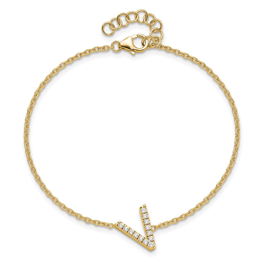 14K Diamond Sideways Letter V w/ 1in ext. Bracelet