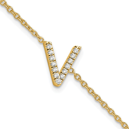 14K Diamond Sideways Letter V w/ 1in ext. Bracelet