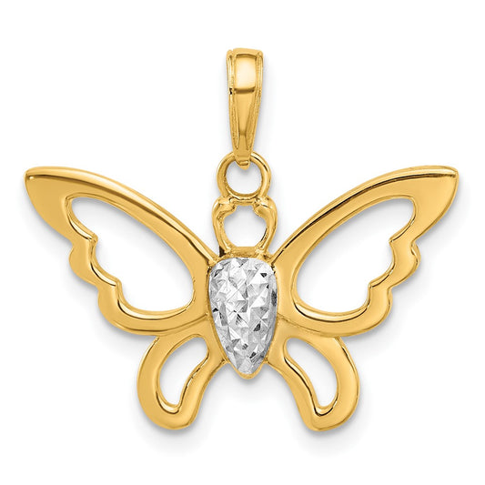 14K and White Rhodium Polished and D/C Butterfly Pendant
