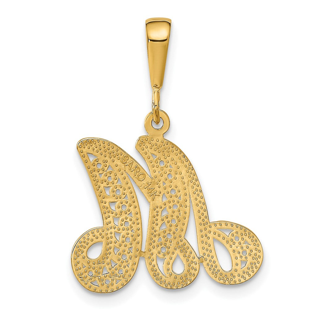 14KY Polished Script Filigree Letter M Initial Pendant