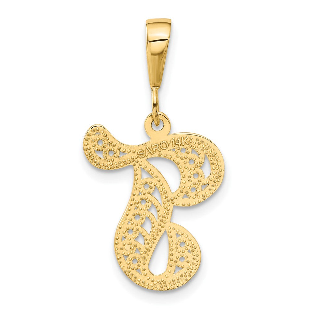 14KY Polished Script Filigree Letter T Initial Pendant