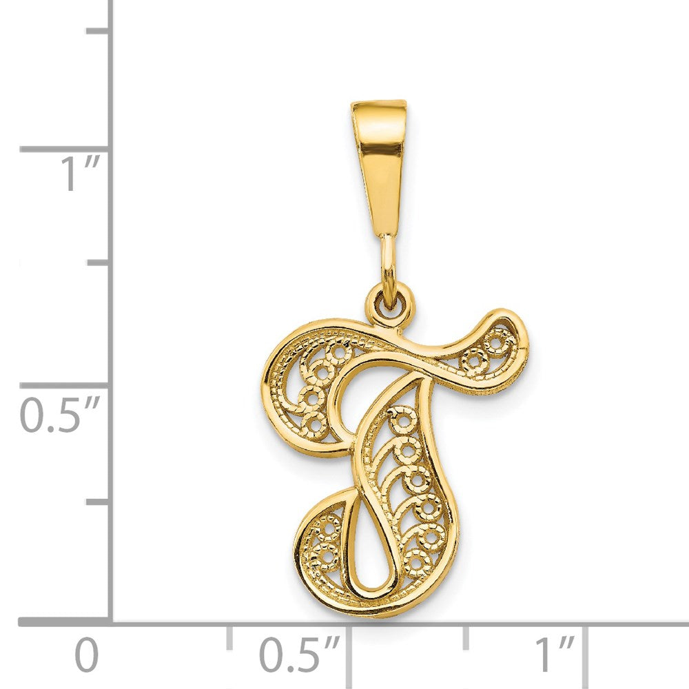 14KY Polished Script Filigree Letter T Initial Pendant