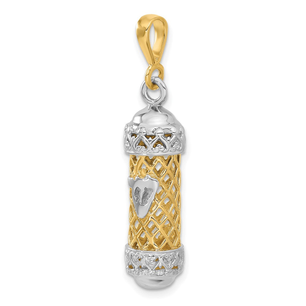 14K Two-Tone 3D Mezuzah W/Shin Charm