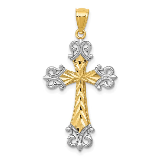 14k w/Rhodium Diamond/cut Cross Pendant