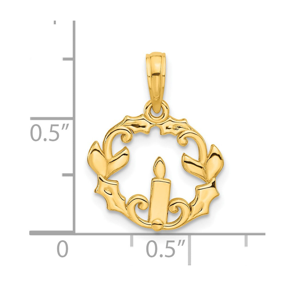 14k Polished Candle with Holly Circle Pendant
