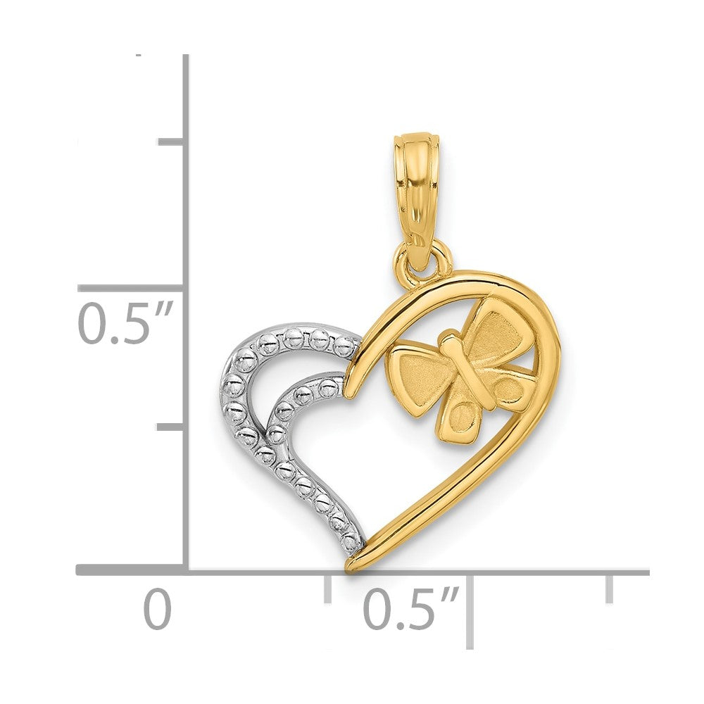 14K with White Rhodium Fancy Heart and Butterfly Charm