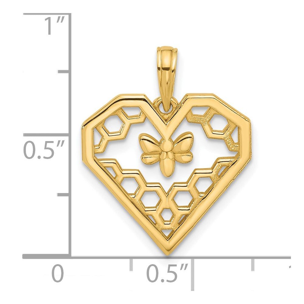 14K Polished Fancy Heart and Bee Honeycomb Charm