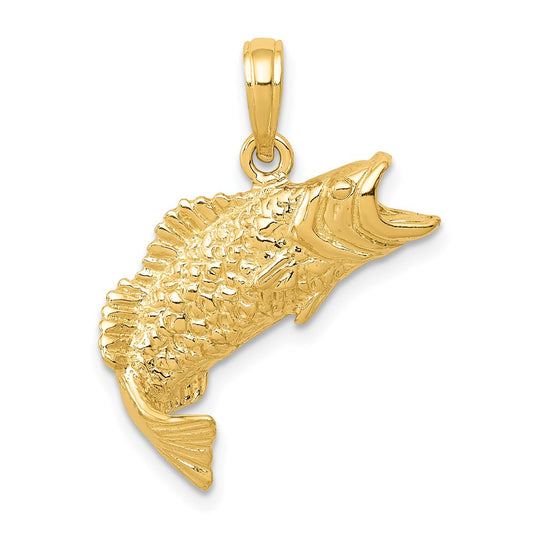 14K Gold Polished Textured Bass Fish Pendant