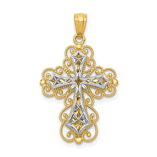14K Two-tone Gold Polished 2 Level Filigree Cross Pendant