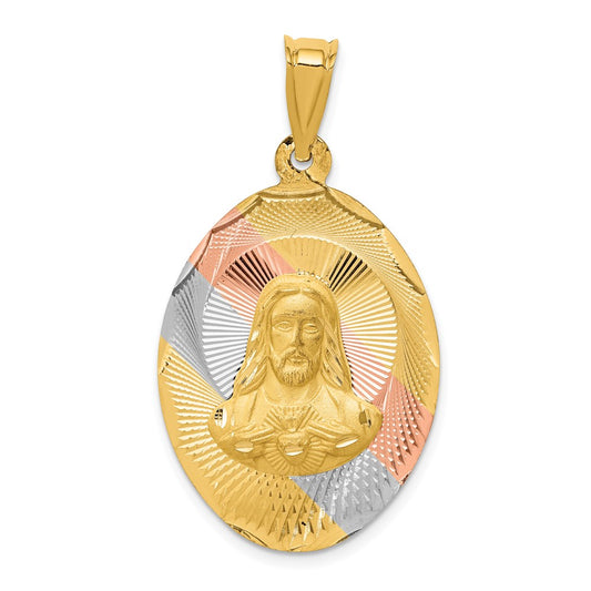 14K w/Rose and White Rhodium D/C Sagrado Corazon Oval Pendant