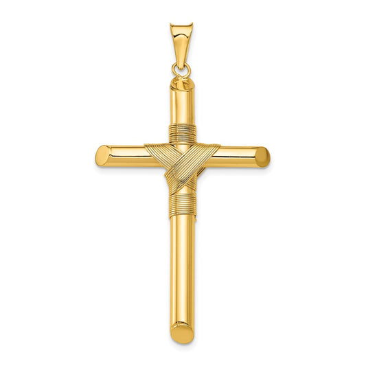 14K Polished w/Center Wrap Tube Cross Pendant