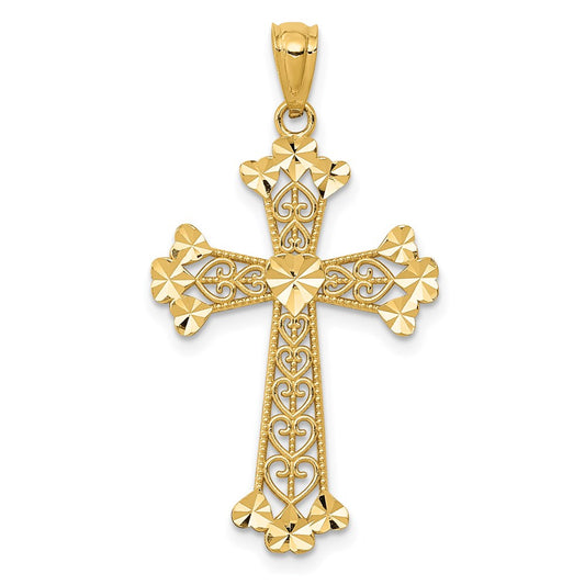 14k Diamond-cut Polished Filigree Hearts Cross Pendant