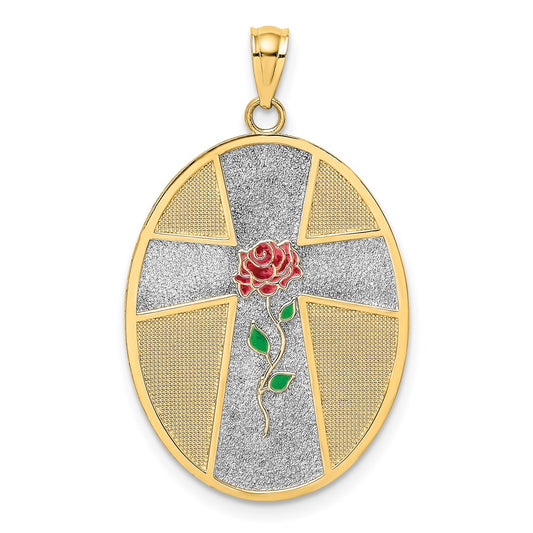 14K w/ Rhodium Enamel Rose Serenity Prayer Oval Disc Charm