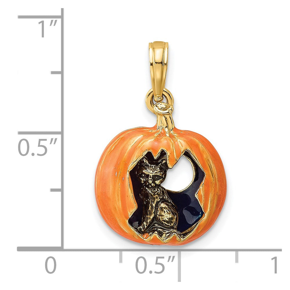 14K 3-D Enameled Pumpkin w/Black Cat and Moon Charm