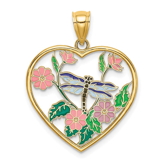 14K Enamel Dragonfly and Flower in Heart Charm