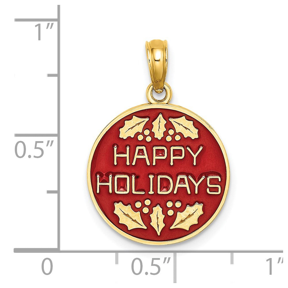 14K w/ Enamel HAPPY HOLIDAYS w/ Holly On Round Disc Charm