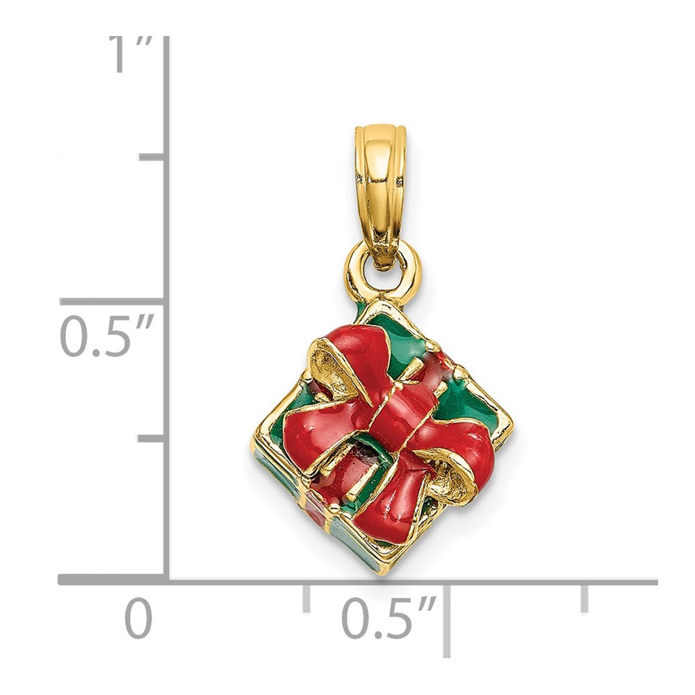 14K 3-D w/Enamel Green Gift Box w/Red Bow Charm
